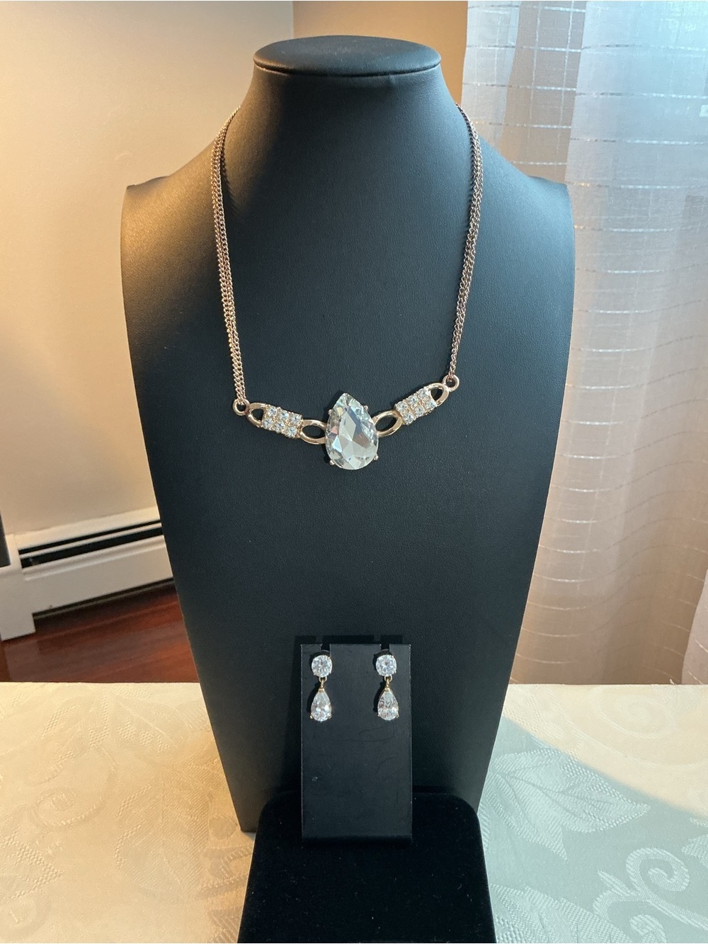 Clear Rhinestone Teardrop Gold Tone Necklace and Earrings Set